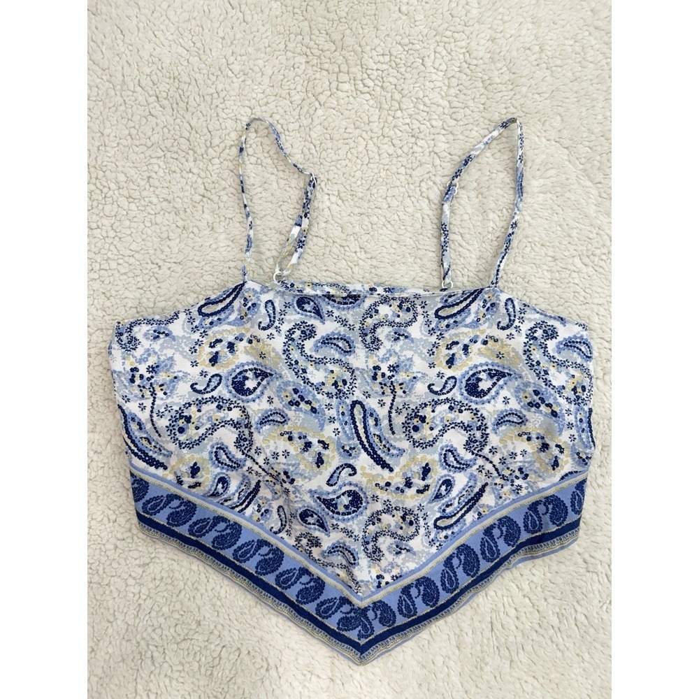 Midnight Sky Boho Crop Top Large Cotton Flax Blend Short Sleeve Festival